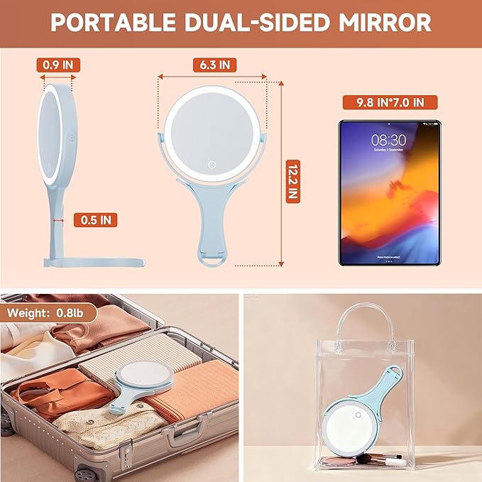 Hasipu Portable Travel Makeup Mirror with Lights – 360° Rotating with 1X/10X Magnifying, Rechargeable Tabletop Handhold Hanging 3 in 1 Mirror (Blue)
