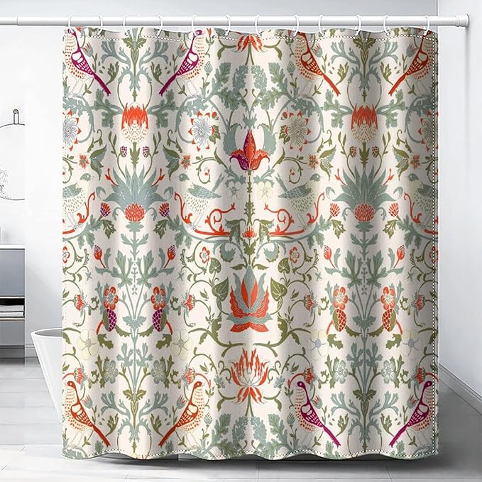 Bohemia William Morris Art Fabric Shower Curtain,Abstract Retro Mid Century Boho Floral Bird Hotel Quality,Machine Washable,72L x66W for Bathroom.