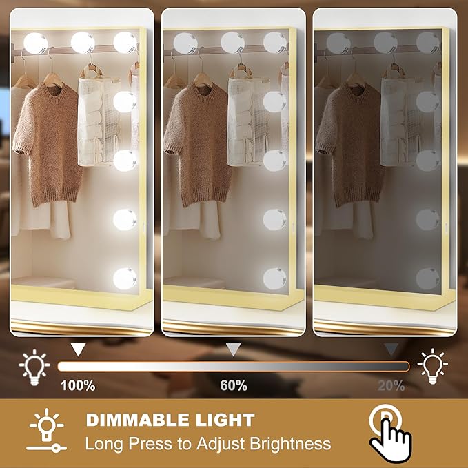 Moonee Gold Vanity Mirror with Lights, Hollywood Lighted Makeup Mirror with 17 Dimmable Bulbs and 10X Magnification, 3 Colors Modes, Aluminum Metal Frame, Light Up Mirror for Tabletop/Wall（26" x 20"）