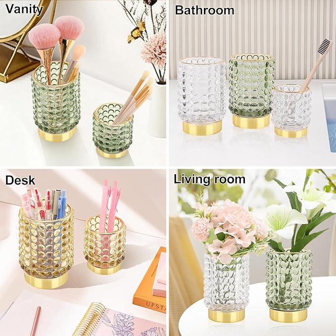 DASITON Makeup Brush Holder Organizer, Crystal Cosmetic Make Up Brush Holder, Glass Makeup Brushes Storage Organizer, Vintage Make Up Cup Desk Pen Pencil Holder, Toothbrush Holders (Yellow S)