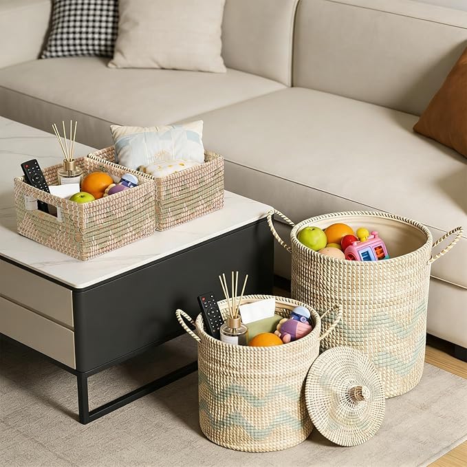 Laundry Hamper Storage Baskets with Lid, Woven Basket Decorative Baskets for Shelves, Basket for Gifts, Closet, Pantry, and Home Organization, Set of 4, Multi-Size