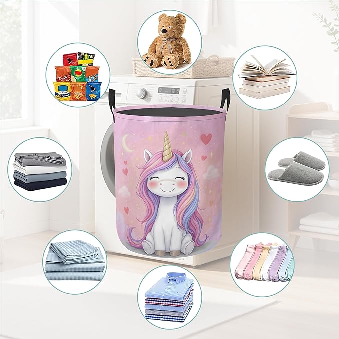 Pink Unicorn Laundry Basket With Handles Tote Bag Oxford Cloth Funny Laundry Hamper Clothes Storage Bucket Toy Organizer 16" X 20.8"For Bathroom/Laundry/Bedroom