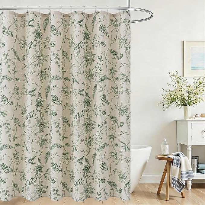 ORTIGIA Linen Shower Curtain Farmhouse Vintage Green Floral Shower Curtains Boho Rustic Cottagecore Curtains for Bathroom Decoration 72 W x 72 L