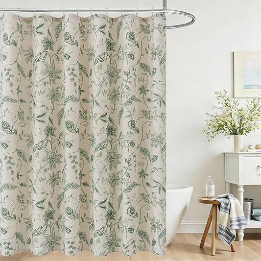 ORTIGIA Linen Shower Curtain Farmhouse Vintage Green Floral Shower Curtains Boho Rustic Cottagecore Curtains for Bathroom Decoration 72 W x 72 L