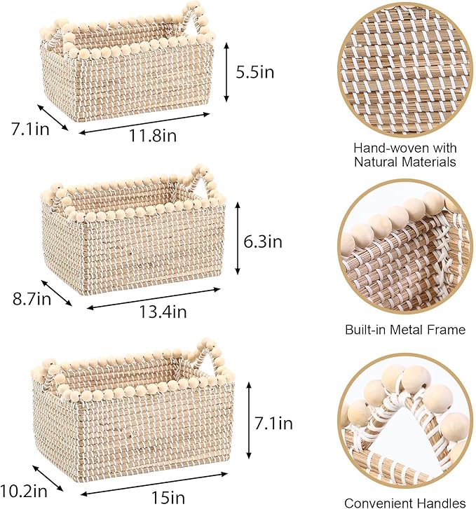 Handwoven Sea Grass Storage Baskets Set of 3 with Wooden Beads Accent - Square Woven Bins with Handles by Vietnamese Artisans for Home Organizer, Farmhouse Decor, Bathroom, Shelf - 14.7L, 10L, 6.5L