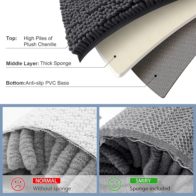 Smiry Luxury Chenille Bathroom Rugs 40x32, Extra Soft and Absorbent Shaggy Bath Mat, Machine Washable, Non-Slip Plush Carpet Runner for Tub, Shower, and Floor, Home Decor Accessories, Charcoal Grey