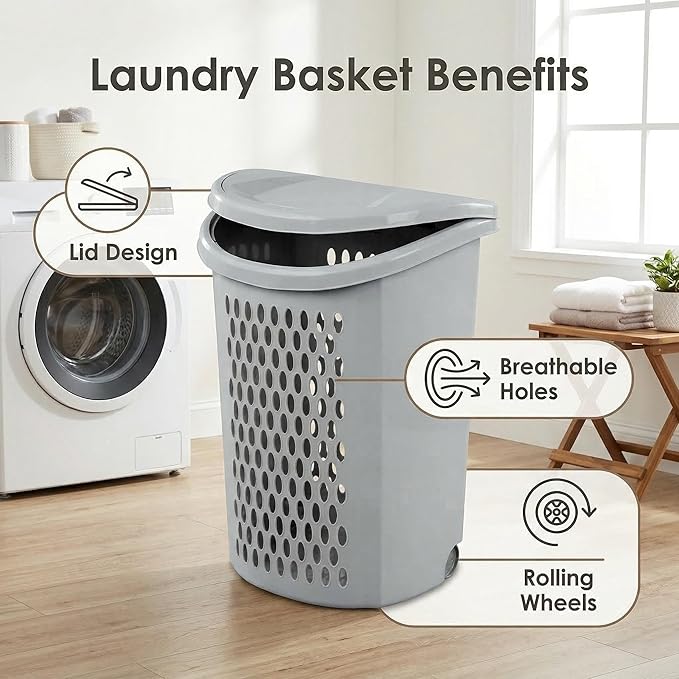 2 Bushel Rolling Laundry Hamper with Lid & Wheels - Light Gray Plastic Laundry Basket, Ventilation Design, Easy Move for Bedroom Bathroom Laundry Room (1 Pack）