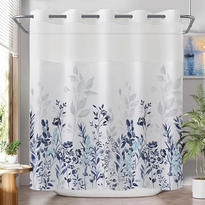 Neasow No Hook Shower Curtain with Snap in Liner, Plant and Flower Curtains with Waterproof Inner Liner for Bathroom, Blue and Grey 72×74 inches