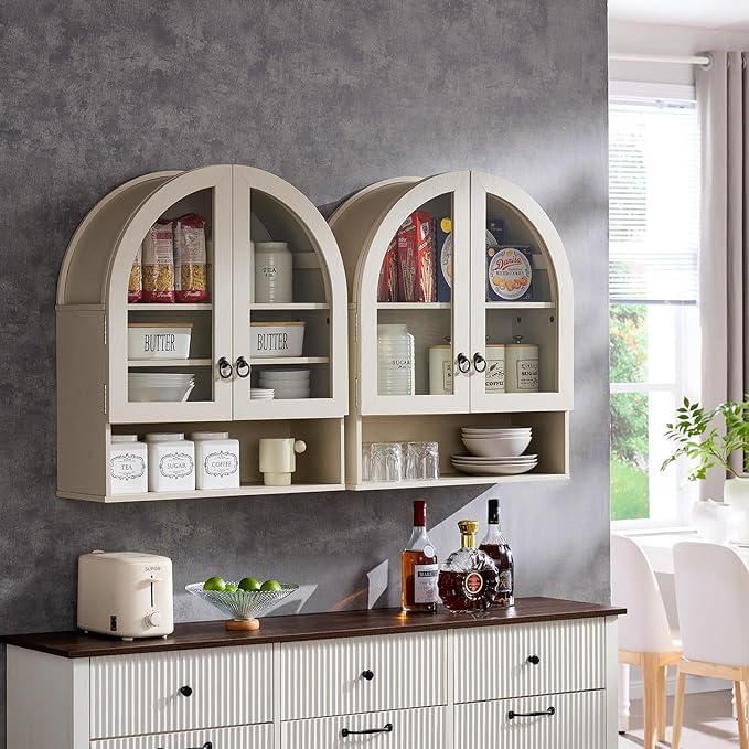 IFGET Bathroom Arched Wall Cabinet, 23.6'' Wide Medicine Cabinet with Adjustable Shelves & Acrylic Glass Doors, Over The Toilet Storage Wall Mount Cabinet for Laundry Room,Kitchen & Living Room, Cream