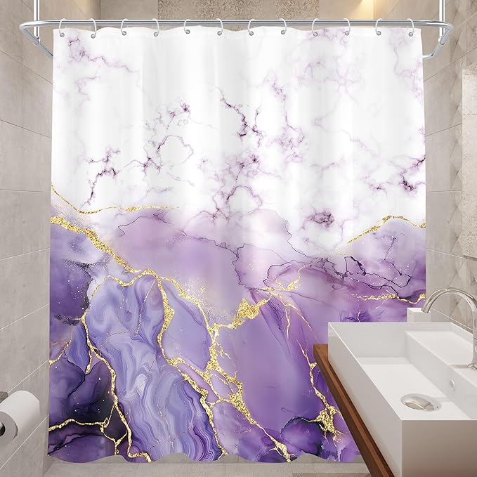 Cinbloo Purple Marble 72Wx84H Shower Curtain Extra Long Abstract Modern Lilac Gold Cracked Lines Ombre Minimalist Elegant Contemporary Bathroom Curtain Set Aesthetic Bath Bathroom Accessories Decor