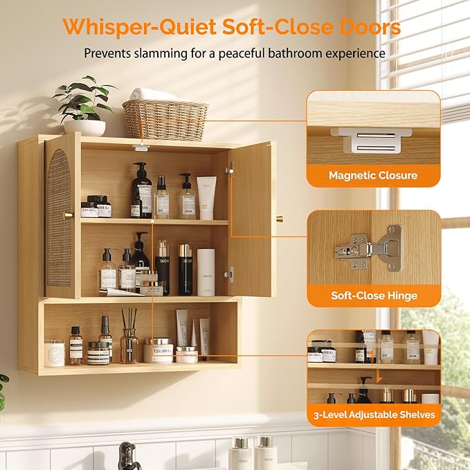 VINGLI Rattan Bathroom Wall Cabinet, Boho Medicine Cabinet with 2 Handwoven Rattan Doors & Adjustable Shelf, Wood Hanging Storage Cabinet with Open Shelf for Kitchen, Laundry, Entryway, Oak Finish