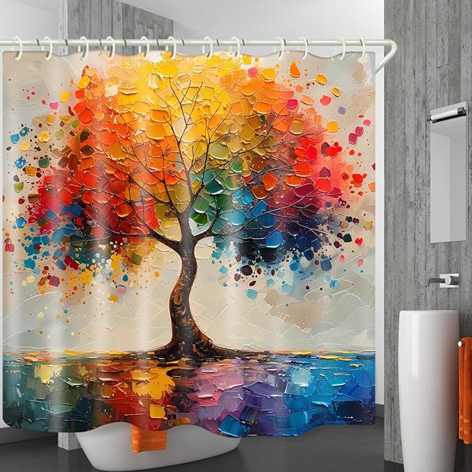 Shower Curtains, with A Unique Oil Painting Tree Theme Bright Colors, Brings an Artistic Atmosphere to The Bathroom. The 72x72 Inch Fabric Shower Curtain Comes with 12 Hooks.