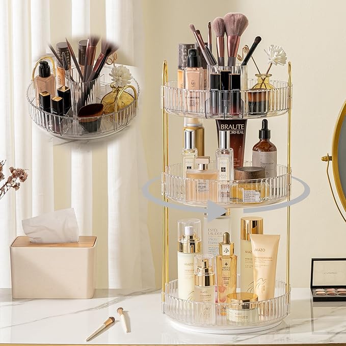 shuang qing Rotating Makeup Organizer for Vanity, High-Capacity Skincare Clear Make Up Storage Perfume Organizers Cosmetic Dresser Organizer Countertop 360 Spinning (Clear, New-3 Tier)