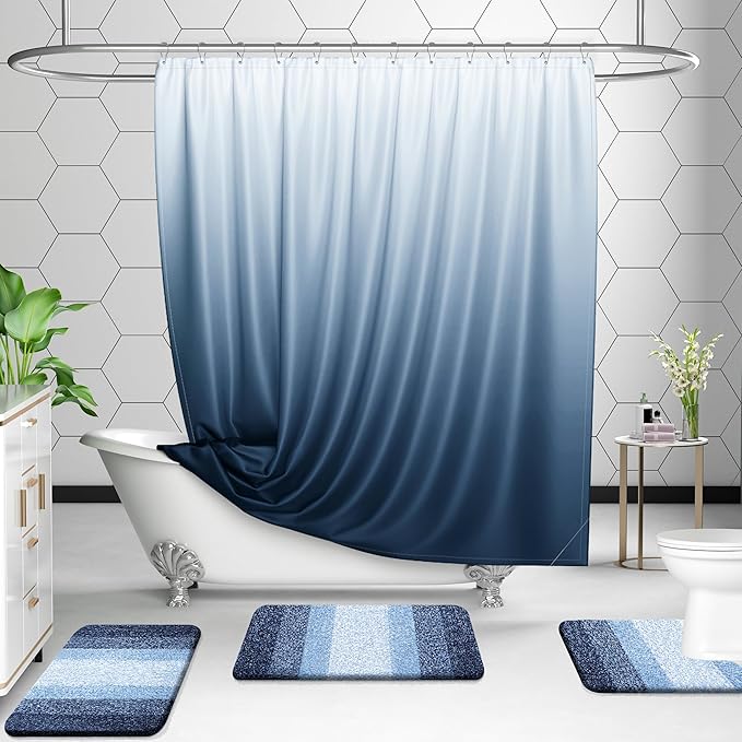 OLANLY Bathroom Rugs Sets 3 Piece, Soft Absorbent Microfiber Bath Mats and U-Shaped Contour Toilet Rug, Plush Shaggy Bath Mat Set for Bathroom (30"x20"+24"x16"+24"x20", Navy)