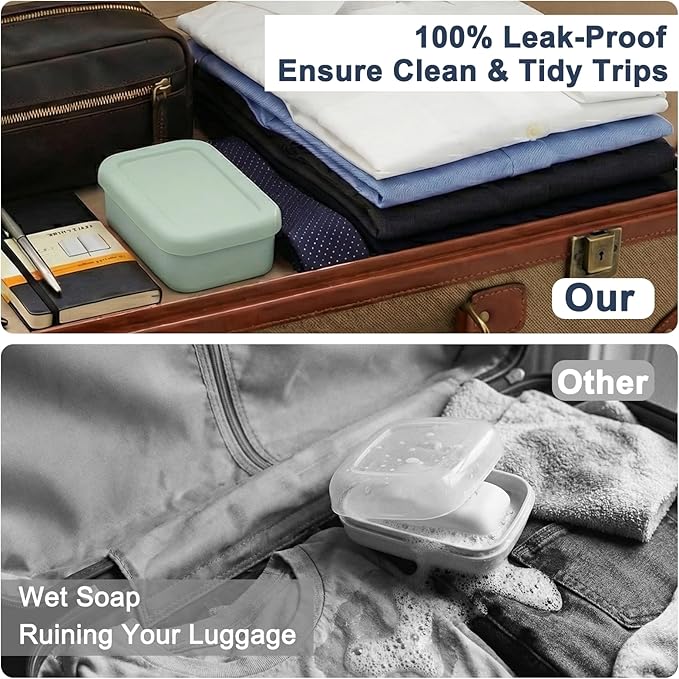 HighHerz Leak Proof Silicone Travel Soap Case with Draining Tray - Bar Soap Holder for Travel, Gym & Camping - Mess-Free Portable Soap Container for Carry-on Bags (Mint Green)