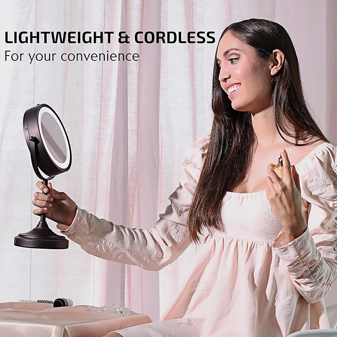 OVENTE 7'' Lighted Makeup Mirror with 1X/7X Magnification, Cordless Tabletop Mount Vanity Mirror with 360° Swivel Design & Double Sided Glow Cosmetic White LED Ring Light, Antique Bronze MCT70ABZ1X7X