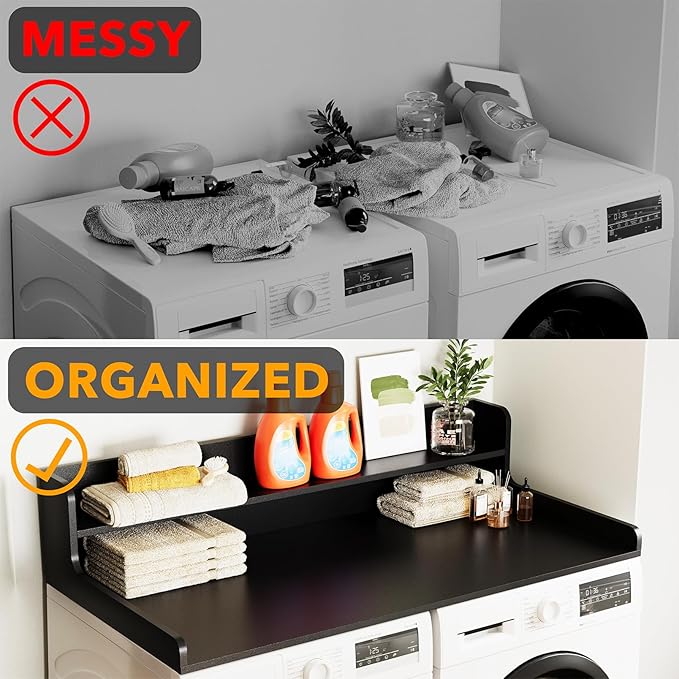 SpaceAid Washer Dryer Countertop with 2-Tier Shelf, Wood Topper with Edge, 54" Width x 27.5" Depth Cover Organizer Guard for Washer and Dryer Counter Laundry Hamper Storage (Black)