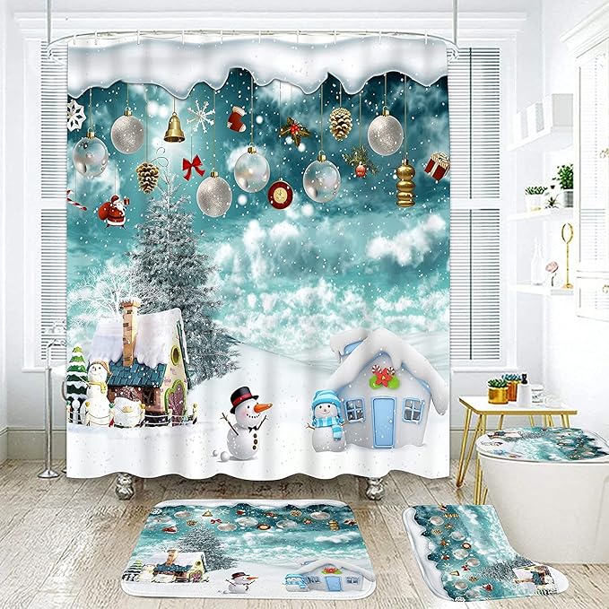 Yizheer Merry Christmas 4Pcs Winter Maple Shower Curtain Sets with Non-Slip Rugs, Toilet Lid Cover and Bath Mat, Haunted House Waterproof Bathroom Home Decor Set