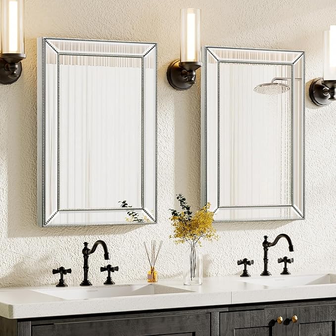 20x32 Inch Bathroom Medicine Cabinet, Silver Metro Beaded Wooden Frame, Retro Bevel Mirror, Recessed & Surface Mount, Space-Saving Storage Cabinet for Bathroom Organization