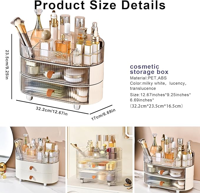 DASITON Makeup Organizer with Drawer,6 Slots Stackable Makeup Brush Holder,Skincare and Cosmetic Organizer for Bathroom Vanity Countertop Makeup Storage for Cosmetics,Brushes,Lipstick and Jewelry