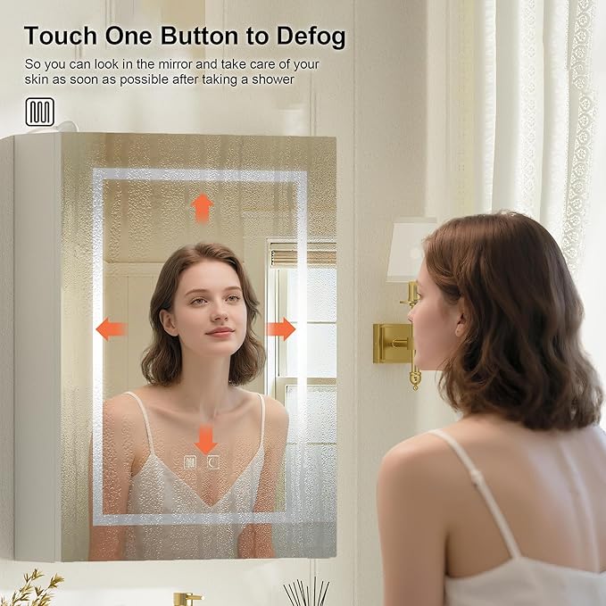 18x24 Inch Lighted Medicine Cabinet with Mirror,LED Bathroom Mirror Cabinet with Lights Wall Mounted,Illuminated Mirror Cabinet, Adjustable Brightness, 3 Color Lighting, Anti-Fog