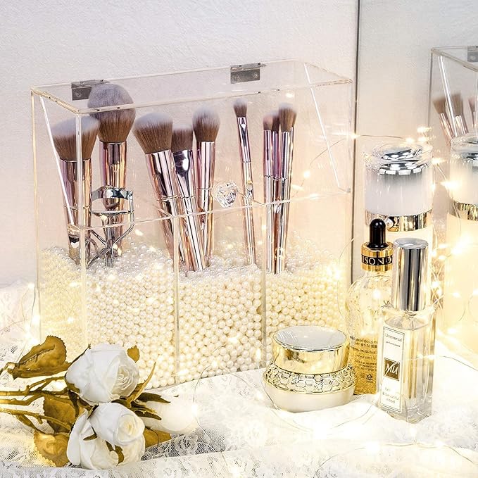 YestBuy Clear Makeup Brush Holder, Acrylic Makeup Brush Organizer For Vanity, Cosmetic Brush Storage Box with Pearls, For Bathroom, Bedroom, Vanity Countertop