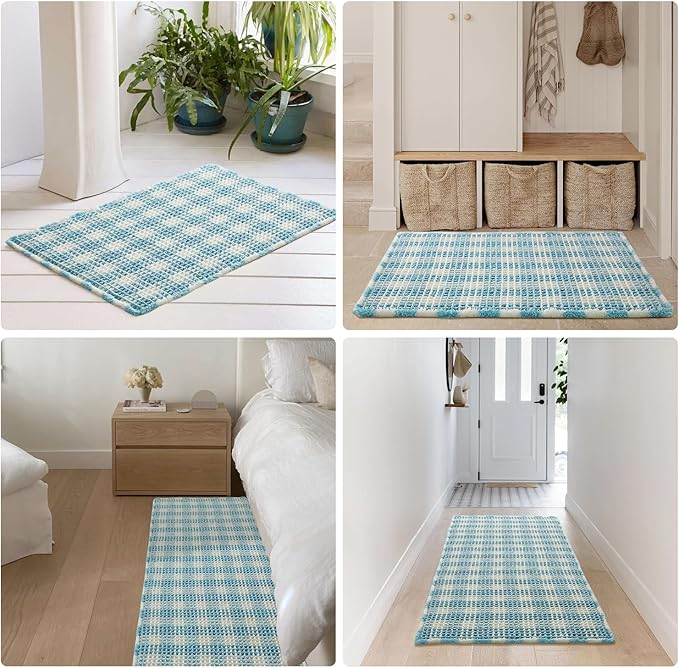 Waffle Bath Mat, Boho Bathroom Rugs Non Slip Washable Absorbent Checkered Bathroom Mat Quick Dry Cute Bath Mat, 36"x24" Blue and White