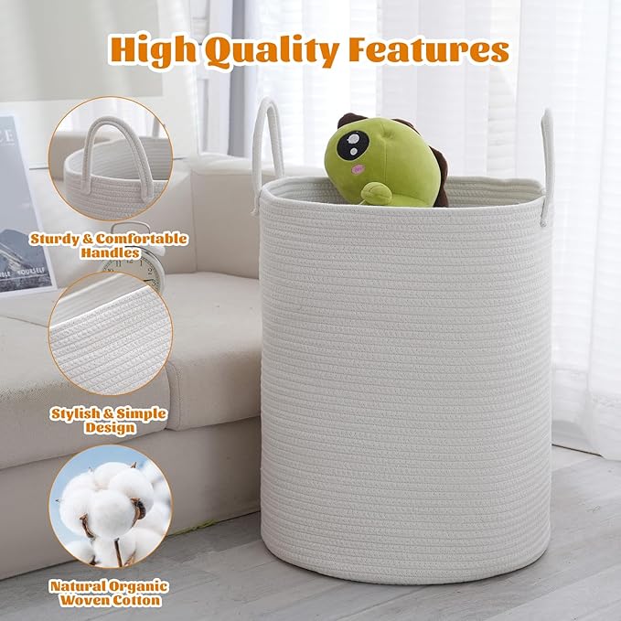 Woven Basket Nursery Laundry Hamper with Handles, Clothes Storage Organizer, Woven Basket for Boy Room Decor, Toy & Blanket Storage Bin, 15x15x18 Inch, White, 1pc