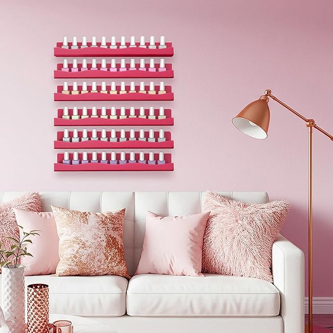 6 Pack Nail Polish Wall Mounted Shelf,15 Inch Nail Polish Floating Shelves for 66-90 Bottles Multi-Purpose,Ideal Gift, Great Display for Salons Retailers,Dark Pink