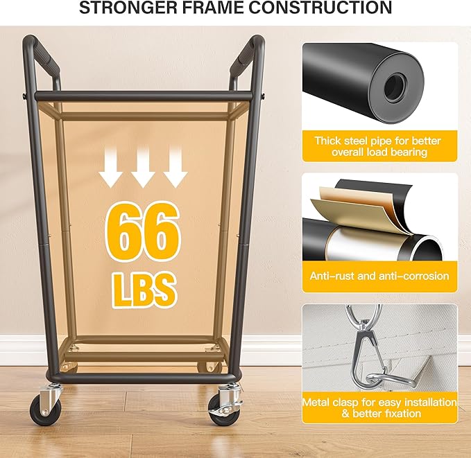 180L Laundry Basket with Wheels & Handles, Laundry Cart with Removable Bag & Metal Frame for Clothes Storage, Hamper with Wheels for Laundry Room, Bathroom, Dorm, Home, Closet (Beige)