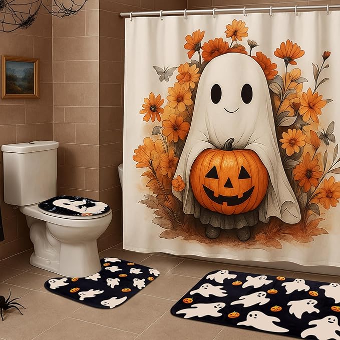 Remagr 4 Pcs Halloween Shower Curtain Set for Bathroom Ghost Pumpkin Halloween Bathroom Curtain Include Ghost Shower Curtains Non Slip Rug Toilet Lid Cover U Shaped Bath Mat and 12 Hooks for Home