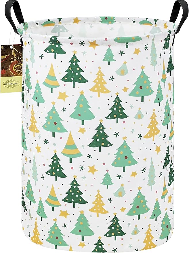 HUNRUNG Laundry Hamper,Large Canvas Fabric Lightweight Storage Basket Toy Organizer Dirty Clothes Collapsible Waterproof for College Dorms???Round-Green tree???