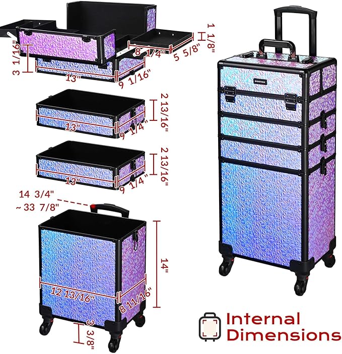 BYOOTIQUE 4in1 Rolling Makeup Case on wheels Nail Traveling Organizer box False Eyelash Storage for Nail Technician Beauty Salon Barbershop Hairstylist,Mermaid Purple