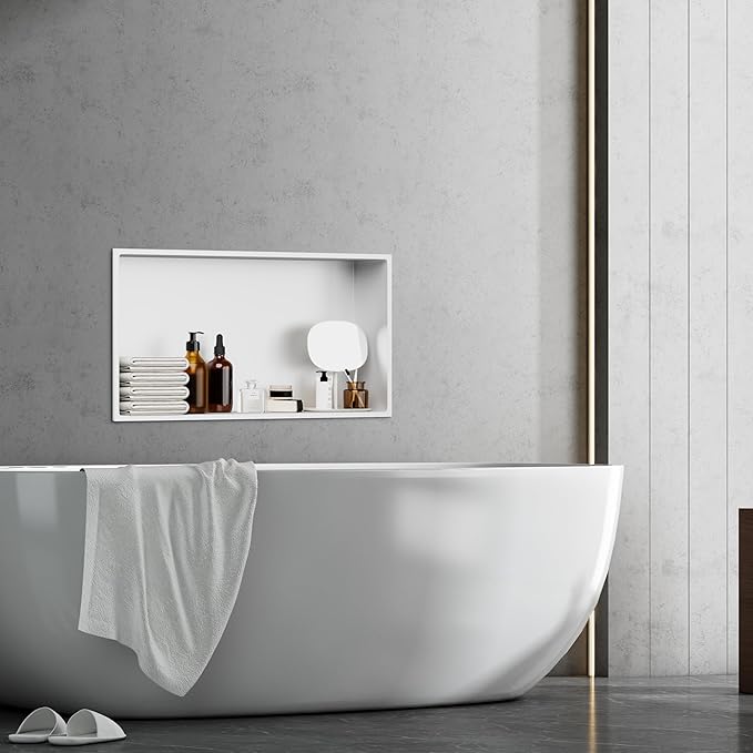 Stainless Steel Shower Niche 24"X12" No Tile Needed Recessed Inserted Wall Niche Shower for Bathroom, Living Room, Kitchen for Storage, White