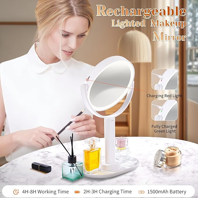 vpu Vanity Makeup Mirror with Lights, 10X/1X Double Sided Magnifying Light up Desk Mirror with Stand Cosmetic Organizer, 3 Color Brightness Adjustable 360° Rotation Detachable for Travel