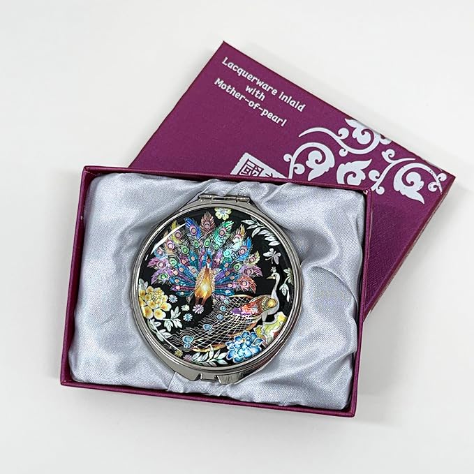 Portable Makeup Compact Double Magnifying Mirror Cosmestic Foldable Pocket Style Unique Mother of Pearl Design (Peacock)