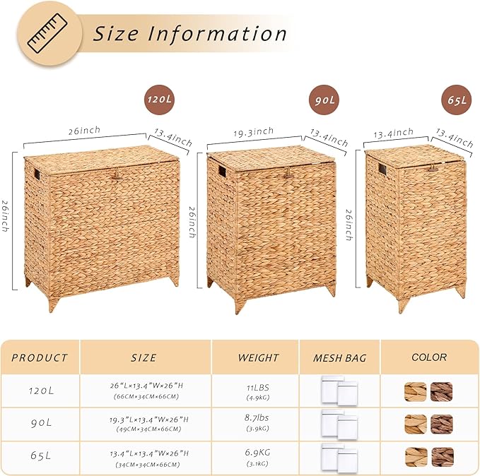 Handwoven Laundry Hamper with Lid, Natural Hyacinth Heightened Feet Laundry Basket, Wicker Clothes Hamper with Removable Liner Bag (Natural, 90L)