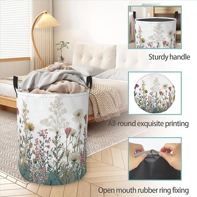 Laundry Basket With Handle, Dirty Clothes Laundry Hamper, Oxford Cloth Bin Storage Organizer for Toy Collection (Wildflower Spring Summer)