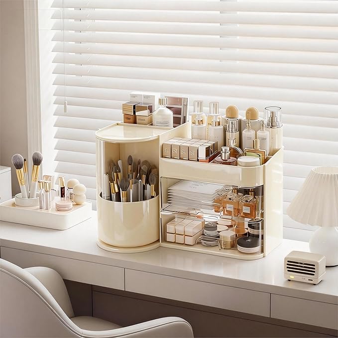 Makeup Organizer with Rotating ,Large Bathroom Countertop Cosmetic Organizer with Brushes Holder,Skincare Storage Organizer,Ideal makeup holder for Skincare,Lipstick and other items (cream white)