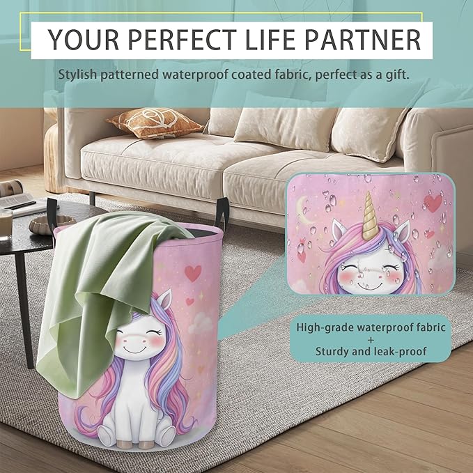 Pink Unicorn Laundry Basket With Handles Tote Bag Oxford Cloth Funny Laundry Hamper Clothes Storage Bucket Toy Organizer 16" X 20.8"For Bathroom/Laundry/Bedroom