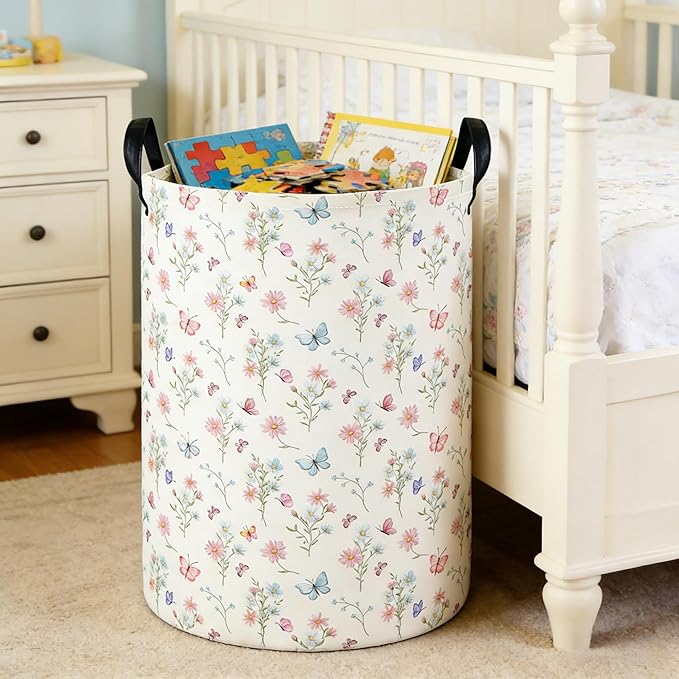 Laundry Hamper Baby Nursery Hamper Waterproof Foldable Kids Laundry Basket Kids Dirty Clothes Hampers Girl Room Decor for Home Gift Baskets(Pink Flower)
