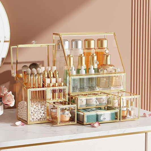 CoralHouse Clear Makeup Organizer with Gold Frame – Countertop Vanity Organizer for Skincare, Lipsticks, Perfume & Brushes – Bathroom Cosmetic Storage Display Box