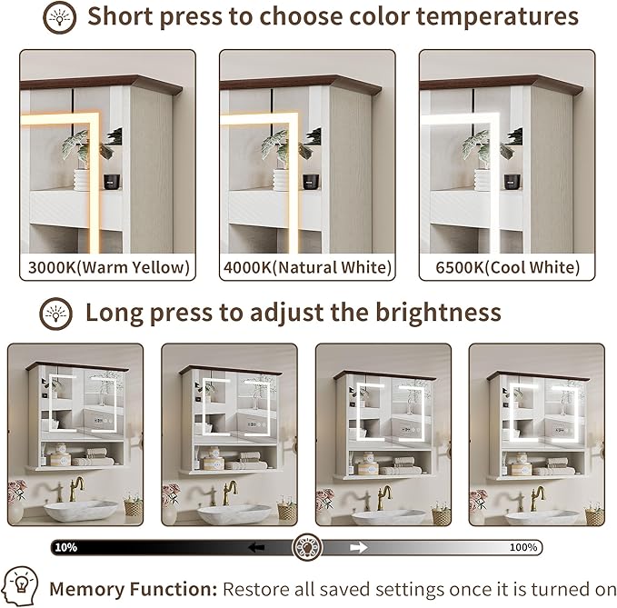 Bathroom Medicine Cabinet with Mirror, Lighted Storage Cabinet Wall Mounted with Doors & Adjustable Wood Shelf, Modern Bathroom Mirror with LED Lights Defogger for Makeup Laundry/Living Room, White