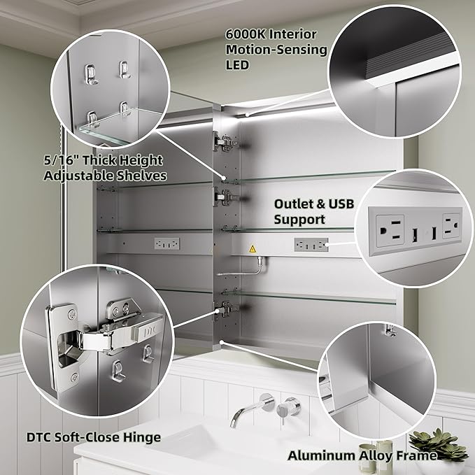 Edge LED Medicine Cabinet Mirror, 24x30 Inch Bathroom Storage, Recessed/Wall Mount, Plug-in/Hardwired, 3 Color Dimmable Light, Anti-Fog, Time Temp Display, Left Hinge