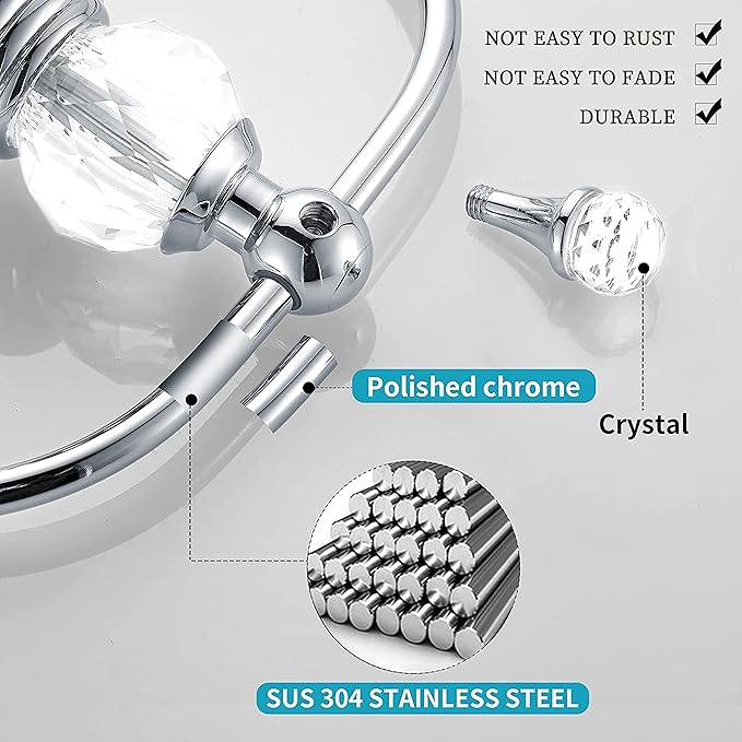 WINCASE Crystal Towel Ring, Chrome Hand Towel Holder, Silver Towel Rack Hanger for Bathroom, Towel Holder Bling Wall Mounted Decorative