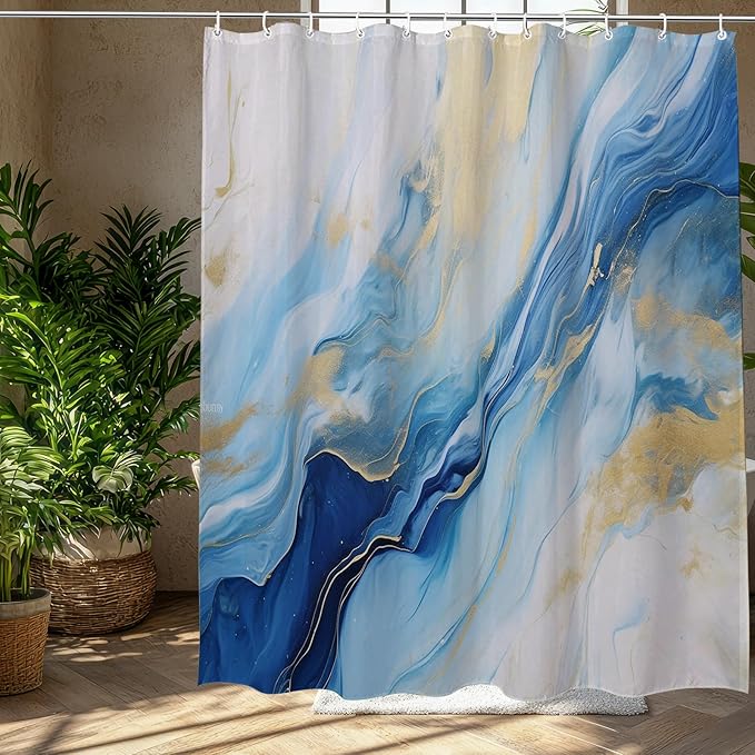 Blue Marbie Shower Curtain Abstract Morden Yellow Ink Texture Fabric Shower Curtains for Bathroom Decor 72x72 Inch