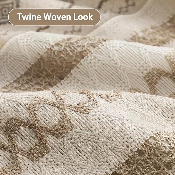Boho Linen Shower Curtain for Bathroom,with Striped Print and Twine-Inspired Woven Center,Extra Long Size,72" W x 84" L