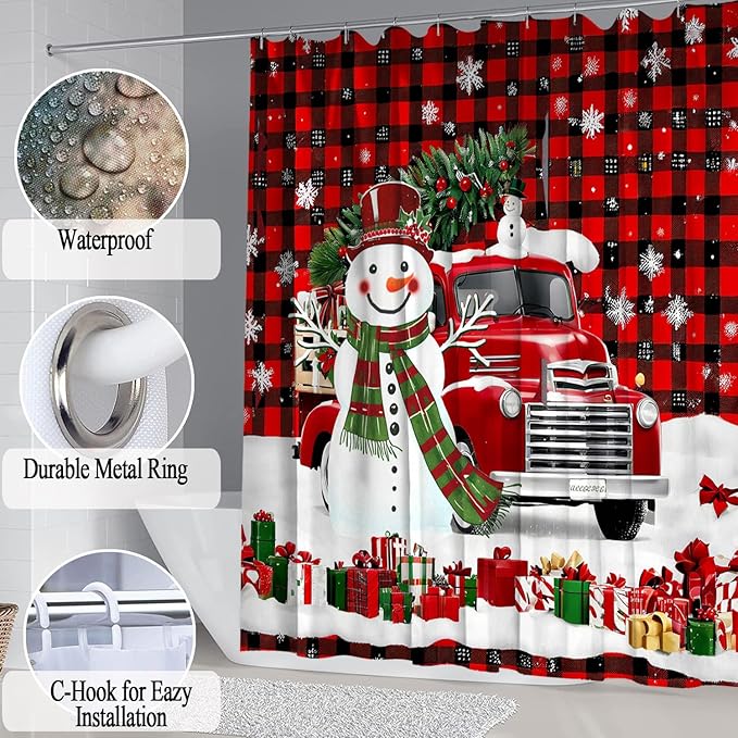 Red Scarf Snowmans Truck Bathroom Sets with Shower Curtain and Rugs, Toilet Lid Cover, Bath Mat, Soft Fabric Cute Christmas Snowman Shower Curtain Set for Bathroom, Bathroom Decor Shower Curtains