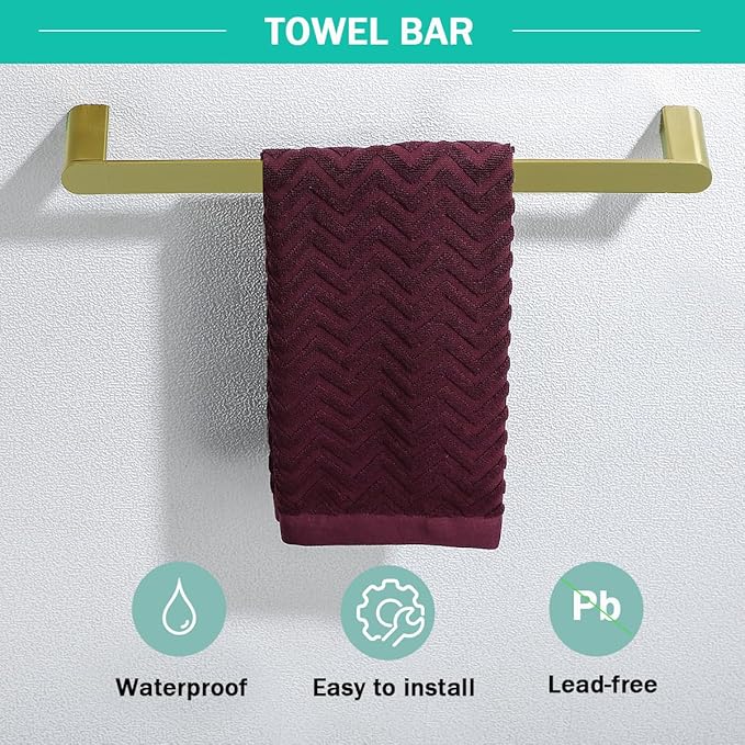 Brushed Gold Bathroom Hardware Set 4 Pieces, Stainless Steel Towel Bar Set Wall Mounted, Include 18 inch Towel Bar, Robe Towel Hooks, Toilet Paper Holder,Towel Racks Set for Bathroom