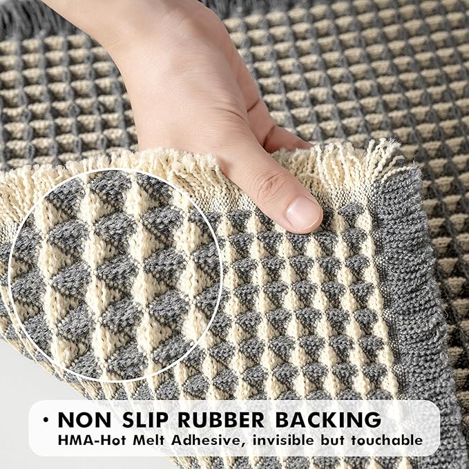 MIULEE Set of 2 Waffle Bathroom Runner Rugs, Boho Bath Rugs Non Slip Washable, Super Absorbent Runner Bath Mats Rubber Backed, Ideal for Hallway Laundry Room, Dark Grey & Yellow, 2' x 4'(24 x 48 Inch)